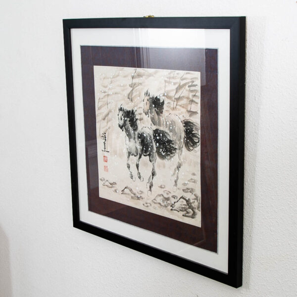 Framed Vintage Japanese Ink Wash Print Two Horses Japanese Stamped Print Art - Image 2