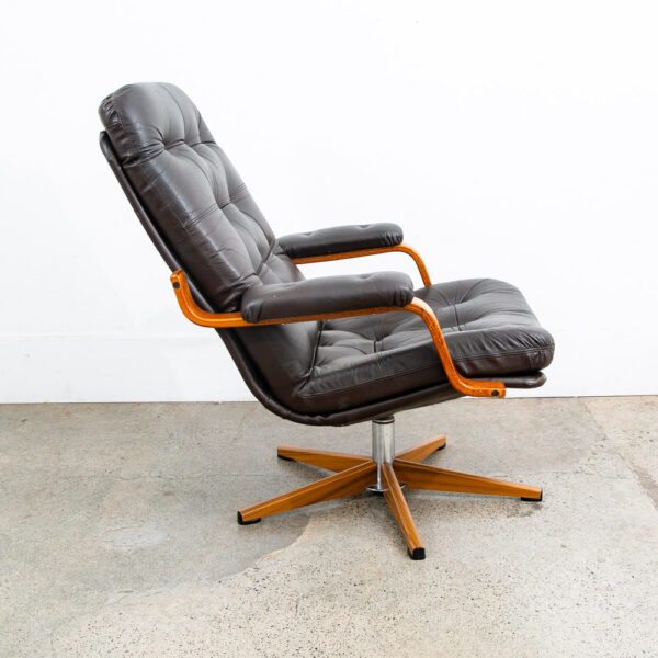 Mid Century Danish Modern Lounge Chair Dark Brown Leather Swivel Tufted Armchair - Image 3