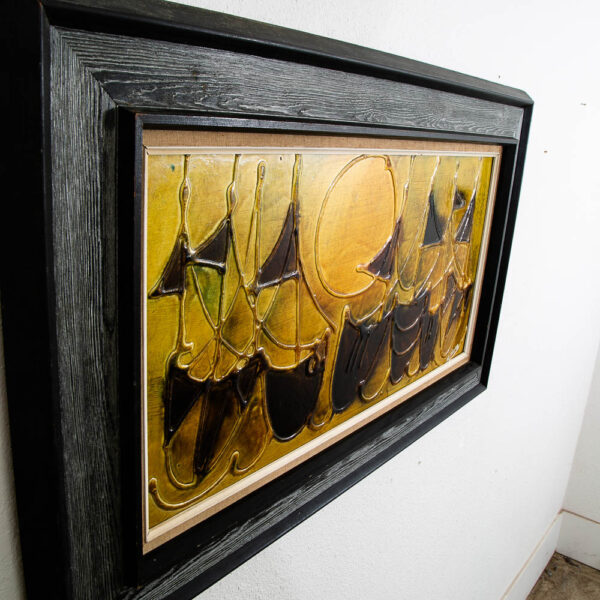Mid Century Modern Painting Art Abstract Expressionism Gold Green Brown with Black Frame Mcm - Image 3