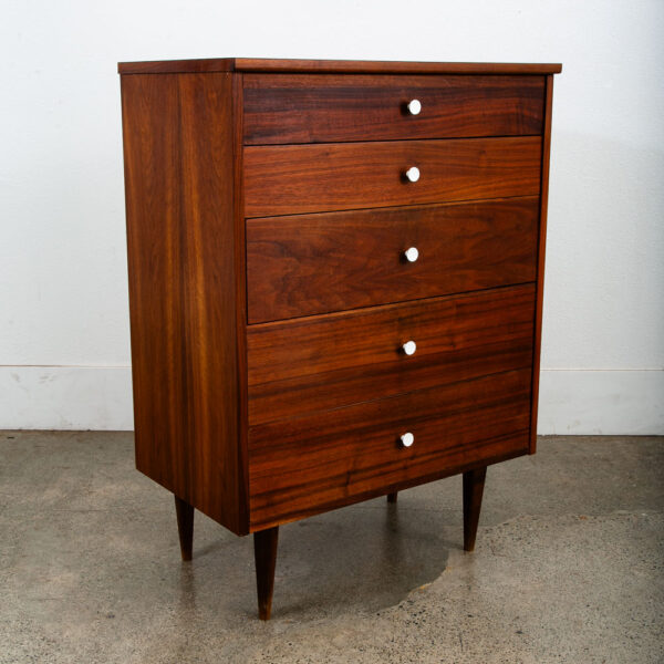 Mid Century Modern Dresser Highboy 5 Drawer Walnut American White Trim Vintage - Image 5