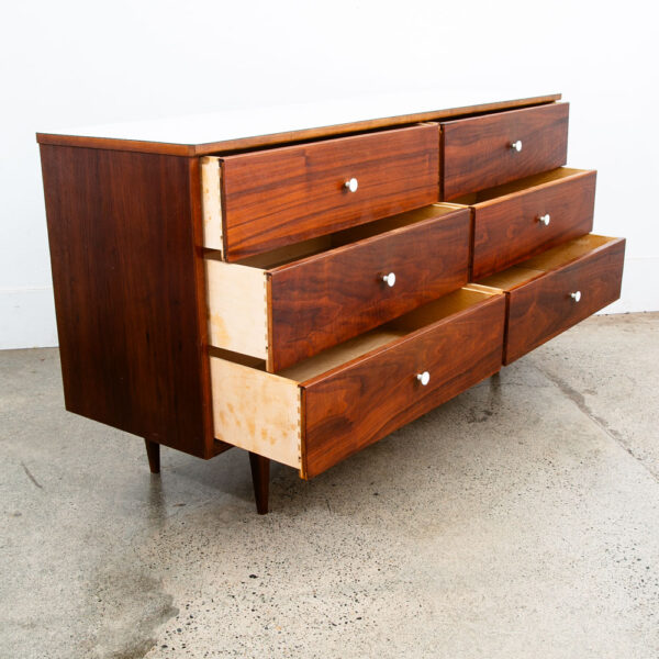 Mid Century Modern Dresser Credenza 6 Drawer Walnut American White Trim Vintage - Image 5