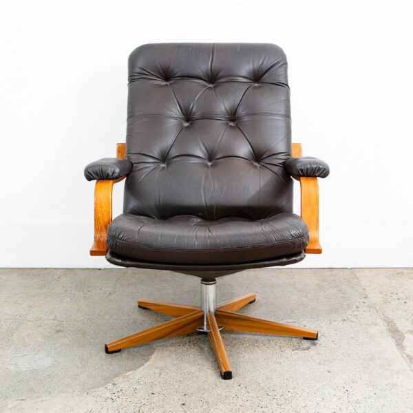 Mid Century Danish Modern Lounge Chair Dark Brown Leather Swivel Tufted Armchair - Image 2