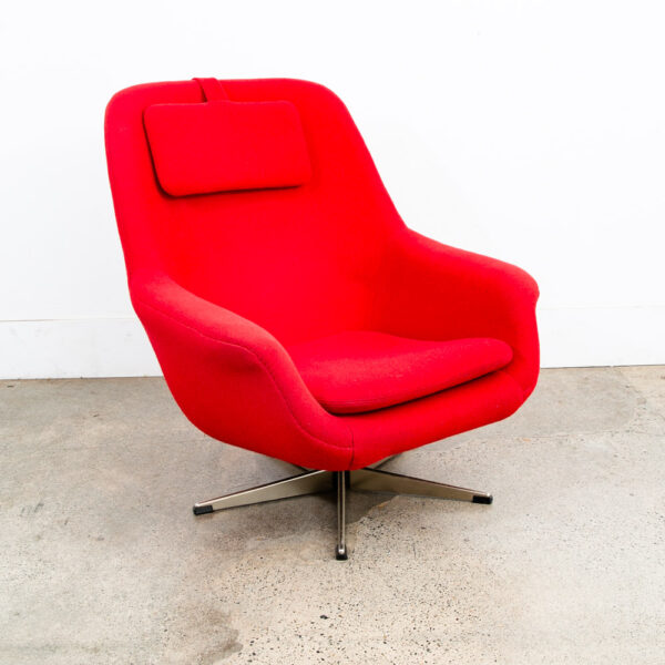 Mid Century Danish Modern Lounge Chair Recliner Red Wool Swivel Headrest Mcm - Image 2