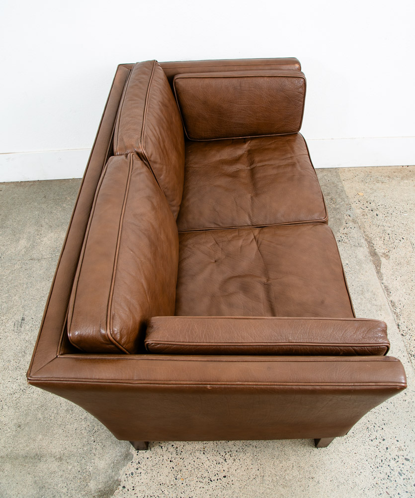 Mid Century Danish Modern Sofa Couch Brown Leather 2 Seat Settee Vintage Denmark - Image 5