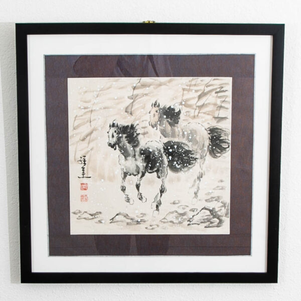Framed Vintage Japanese Ink Wash Print Two Horses Japanese Stamped Print Art