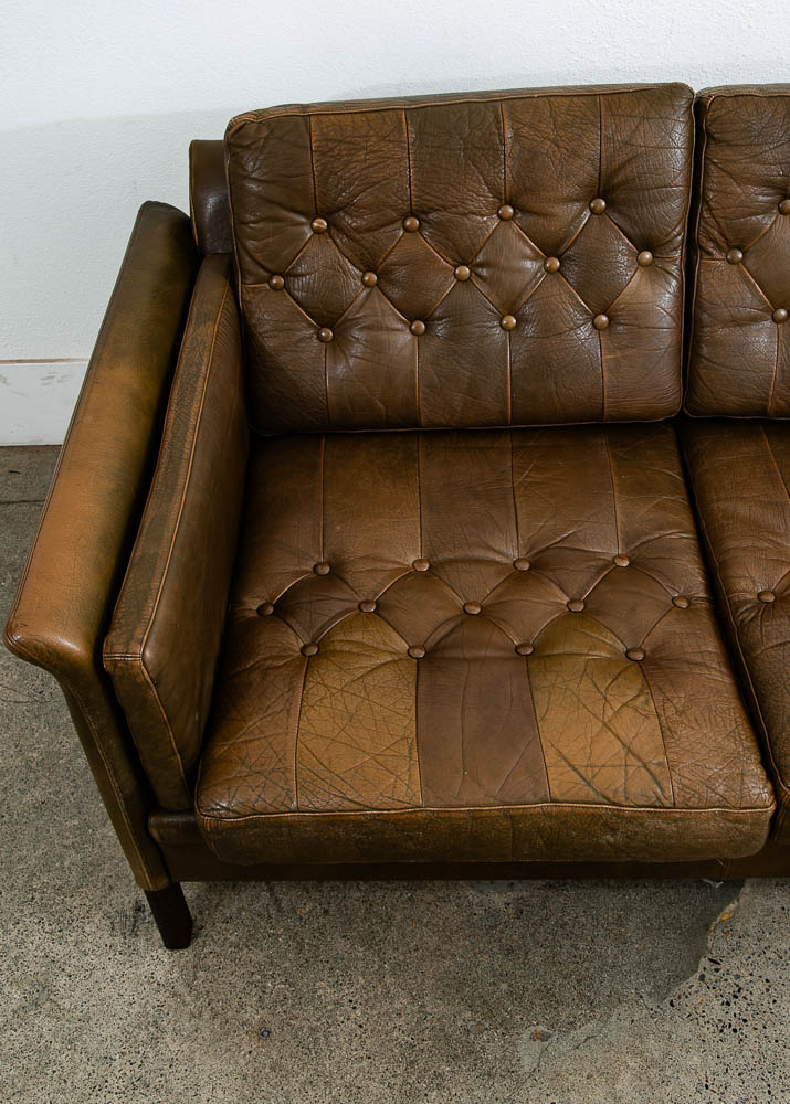Mid Century Danish Modern Sofa Settee Brown Leather Green 1970s 2 Seat Tufted - Image 11
