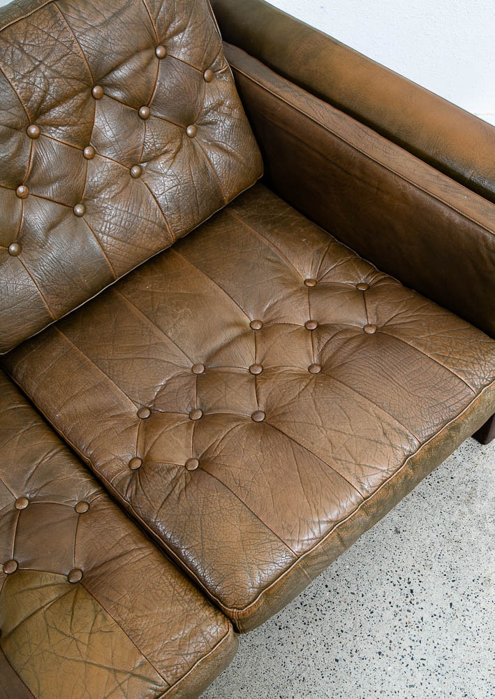 Mid Century Danish Modern Sofa Settee Brown Leather Green 1970s 2 Seat Tufted - Image 9