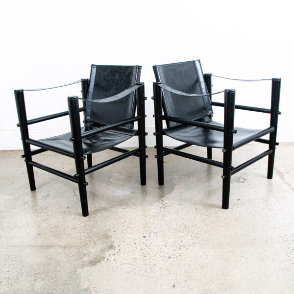 Mid Century Danish Modern lounge Chairs Safari Black Leather Arm Pair Set Two - Image 5