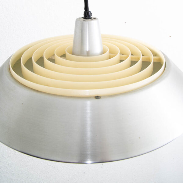 Mid Century Danish Modern Pendant Silver Single Light Saucer Lamp With Plastic Grate - Image 2