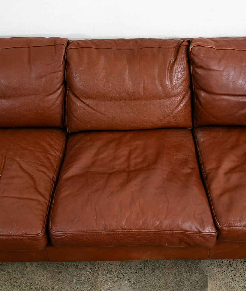 Mid Century Danish Modern Sofa Couch 3 Seater Brown Leather Stouby Seat Denmark - Image 7