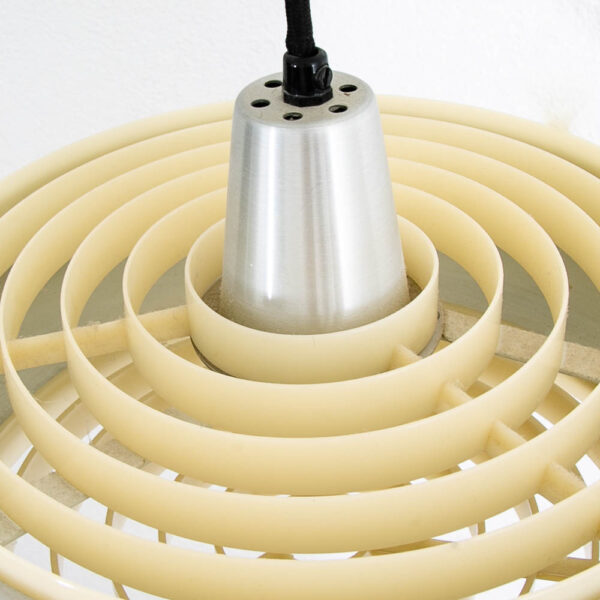 Mid Century Danish Modern Pendant Silver Single Light Saucer Lamp With Plastic Grate - Image 6