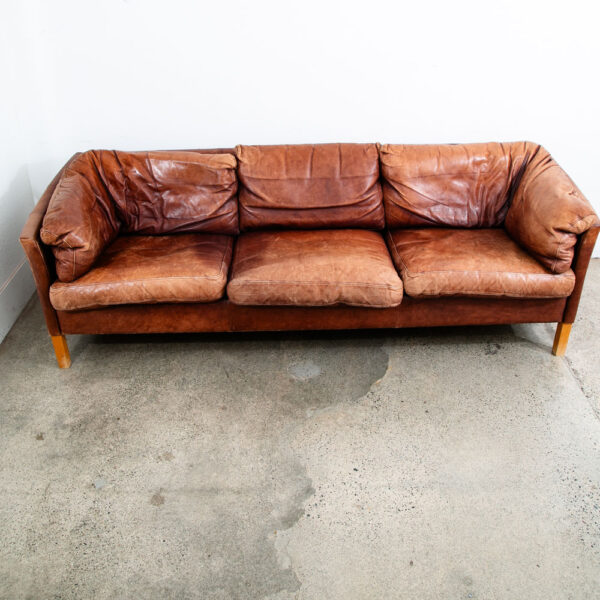 Mid Century Danish Modern Sofa Settee 3 Seater Red Cognac Leather Denmark Mcm - Image 2