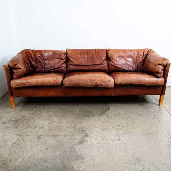 Mid Century Danish Modern Sofa Settee 3 Seater Red Cognac Leather Denmark Mcm - Image 6
