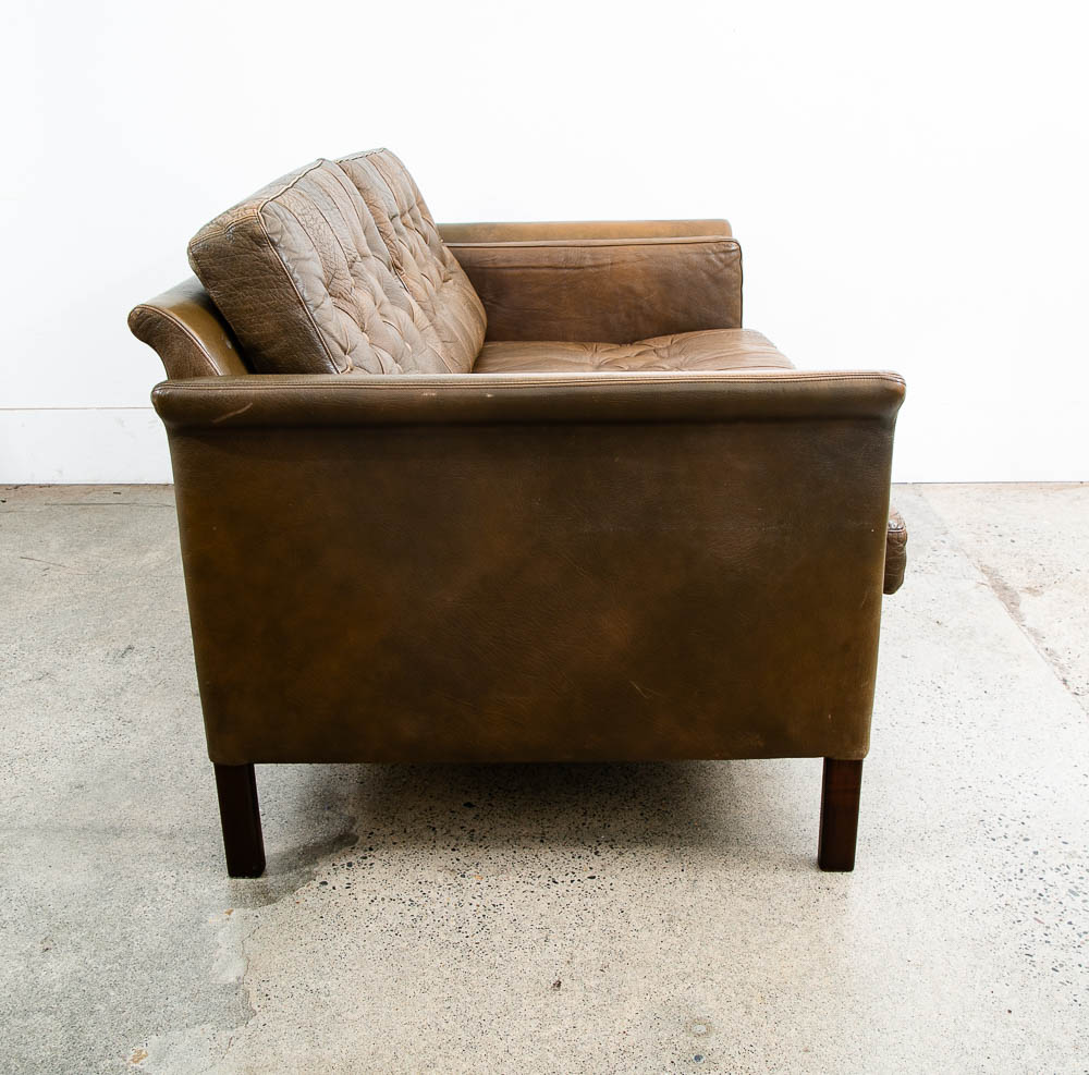 Mid Century Danish Modern Sofa Settee Brown Leather Green 1970s 2 Seat Tufted - Image 6