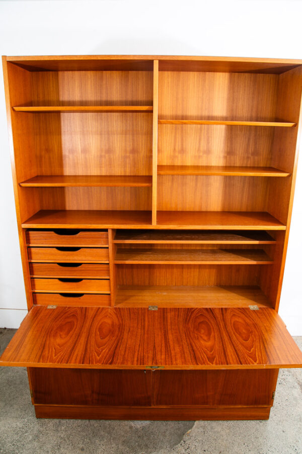 Mid Century Danish Modern Bookshelf Cabinet Teak Drawers Poul Hundevad Drop Leaf - Image 4