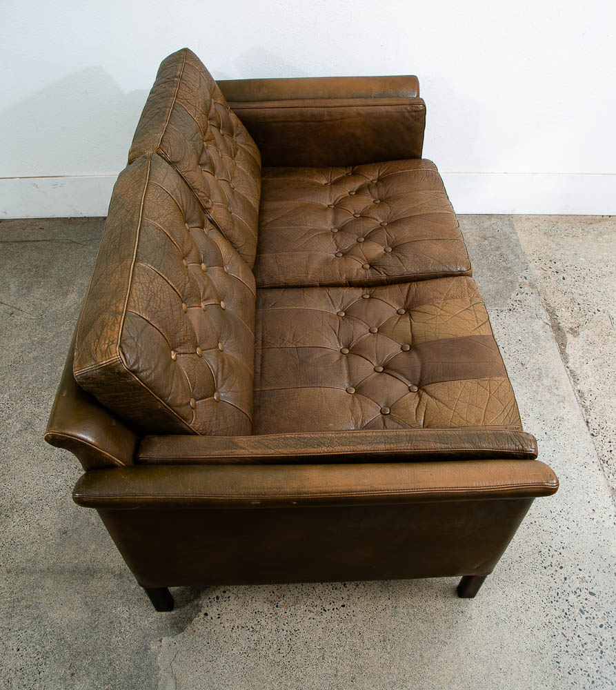 Mid Century Danish Modern Sofa Settee Brown Leather Green 1970s 2 Seat Tufted - Image 3