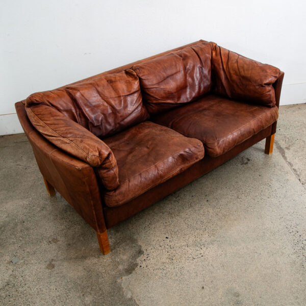 Mid Century Danish Modern Sofa Settee 2 Seater Red Cognac Leather Denmark - Image 2