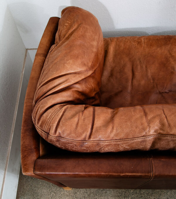Mid Century Danish Modern Sofa Settee 3 Seater Red Cognac Leather Denmark Mcm - Image 12