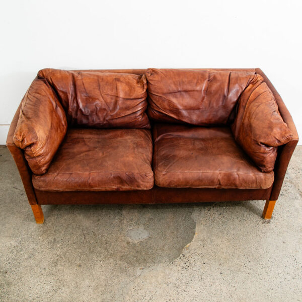 Mid Century Danish Modern Sofa Settee 2 Seater Red Cognac Leather Denmark - Image 5