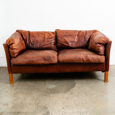 Mid Century Danish Modern Sofa Settee 2 Seater Red Cognac Leather Denmark