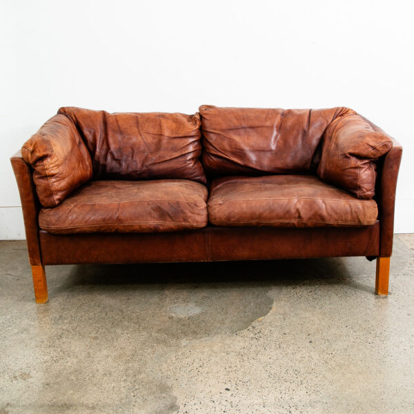 Mid Century Danish Modern Sofa Settee 2 Seater Red Cognac Leather Denmark