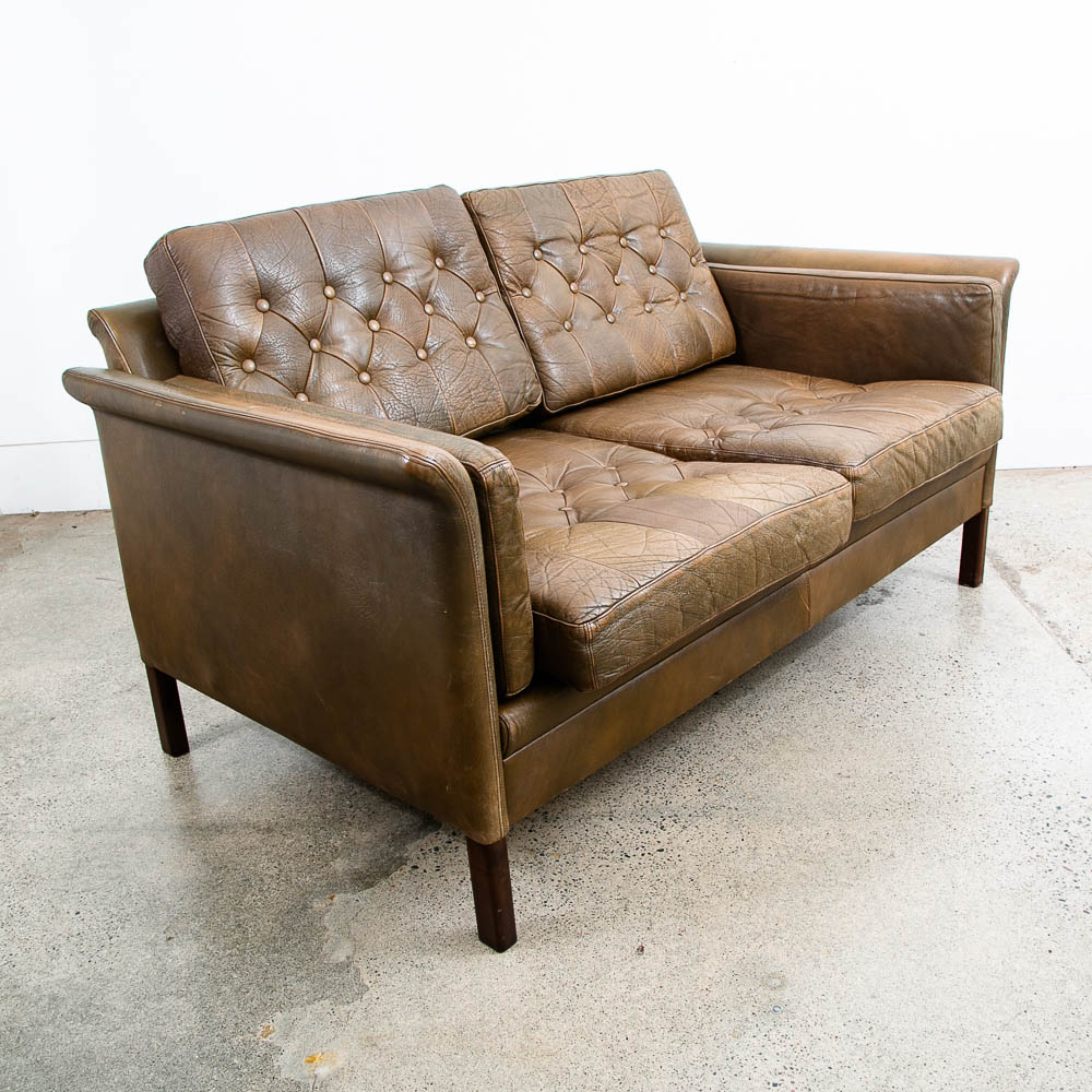 Mid Century Danish Modern Sofa Settee Brown Leather Green 1970s 2 Seat Tufted - Image 8