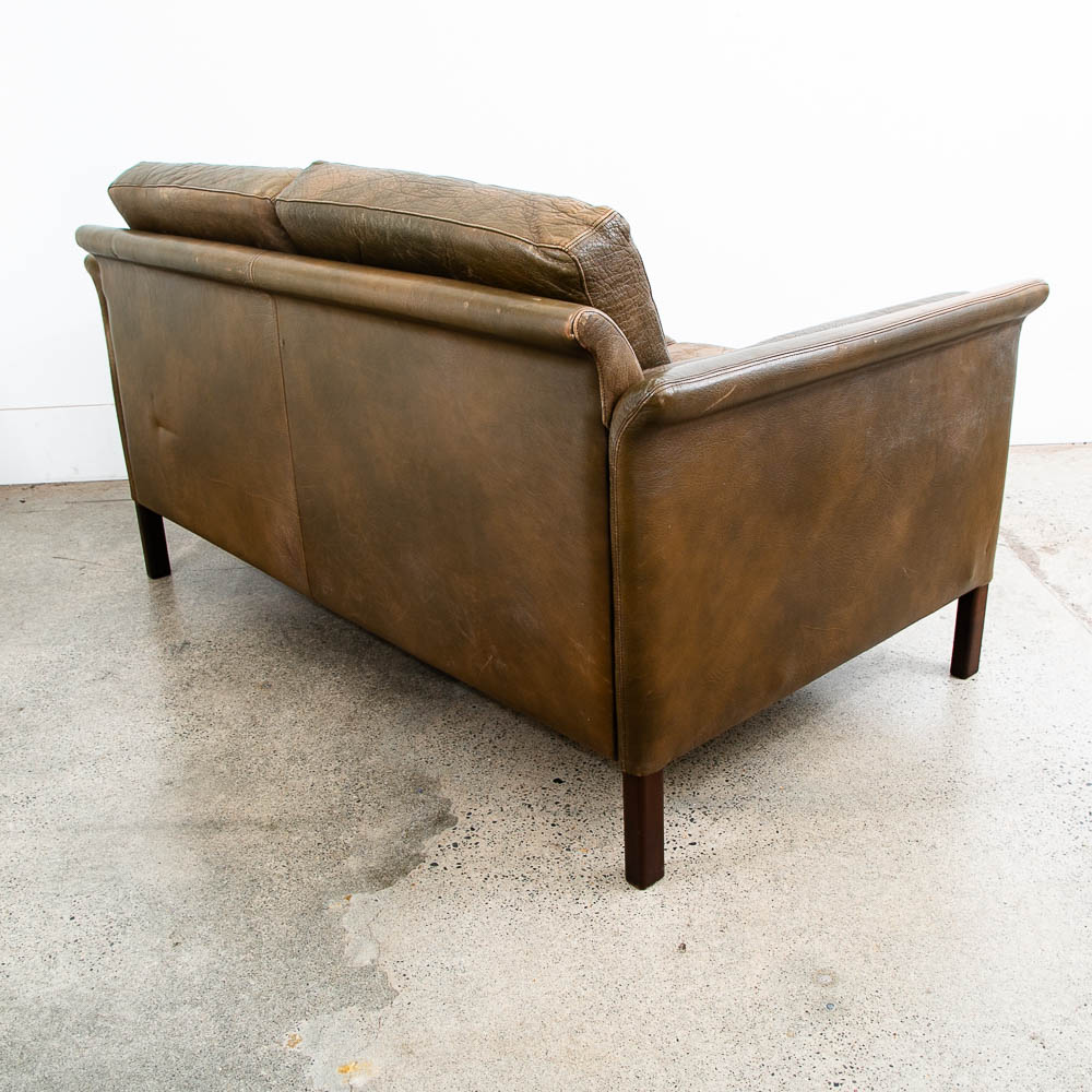 Mid Century Danish Modern Sofa Settee Brown Leather Green 1970s 2 Seat Tufted - Image 5