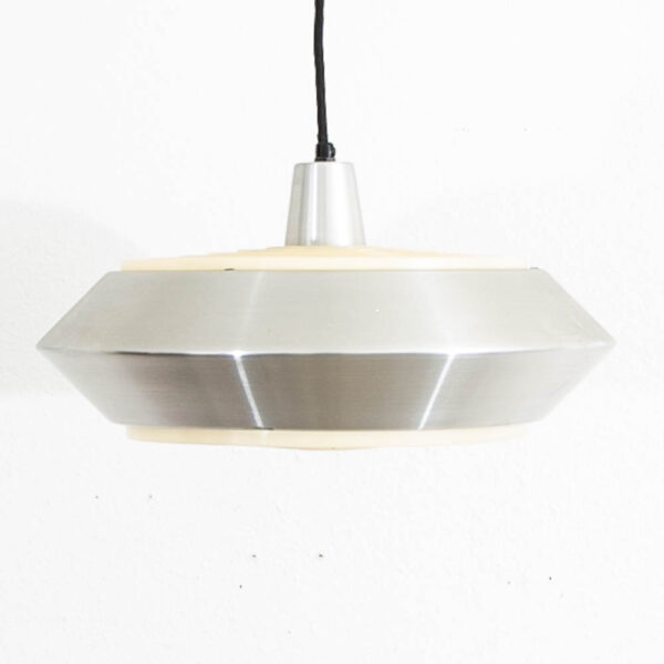 Mid Century Danish Modern Pendant Silver Single Light Saucer Lamp With Plastic Grate - Image 3