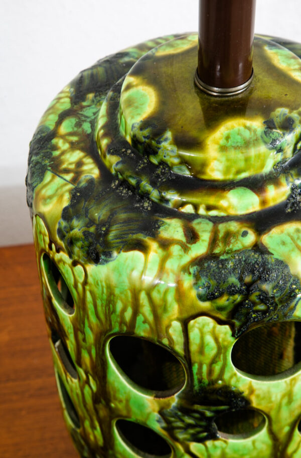 Mid Century Modern Table Lamp Ceramic Lava Drip Glaze Studio Round Green Mcm - Image 7