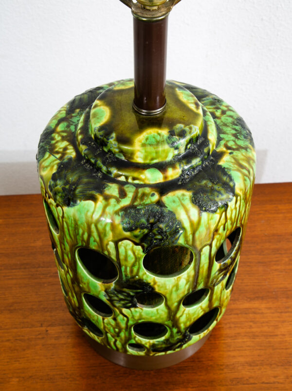 Mid Century Modern Table Lamp Ceramic Lava Drip Glaze Studio Round Green Mcm - Image 6