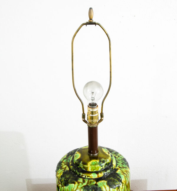 Mid Century Modern Table Lamp Ceramic Lava Drip Glaze Studio Round Green Mcm - Image 3