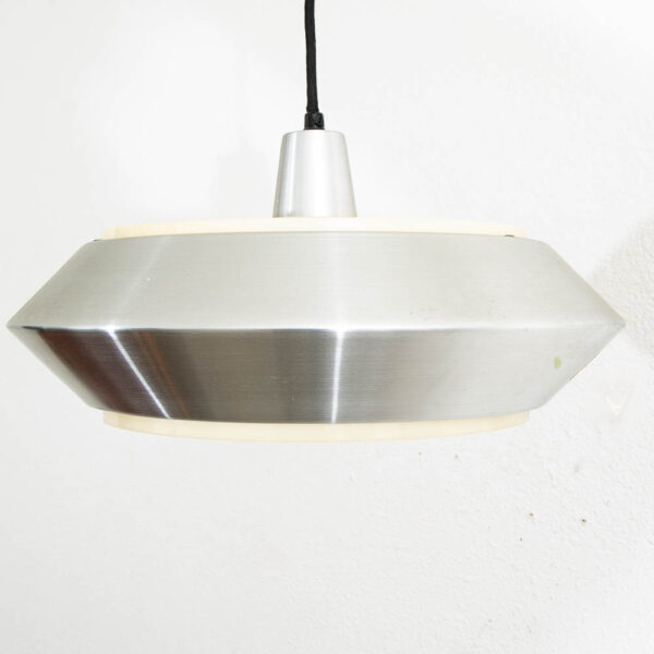 Mid Century Danish Modern Pendant Silver Single Light Saucer Lamp With Plastic Grate - Image 7