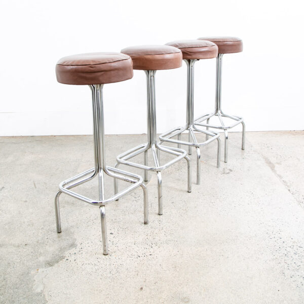 Mid Century Modern Bar Stools Set 4 brown Leather Chrome Vintage Round Four Mcm - Image 2