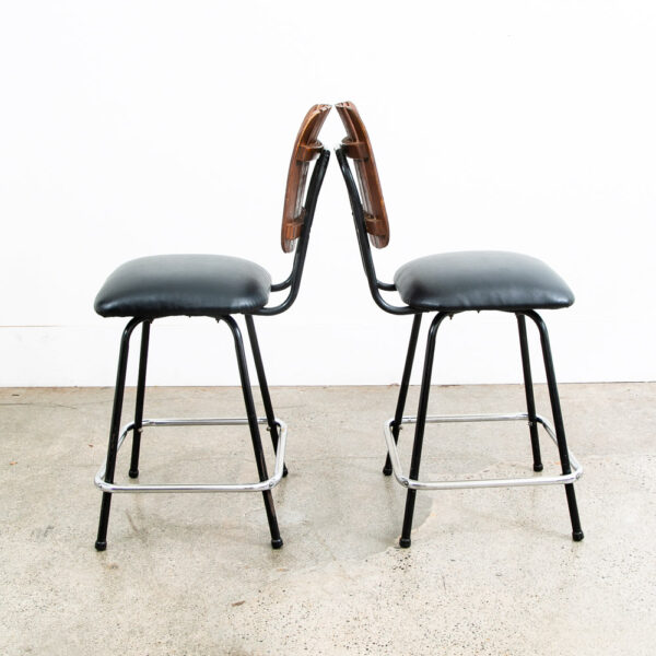 Mid Century Modern Bar Stools Set 2 Black Swivel Wood American Vintage Umanoff - Image 3
