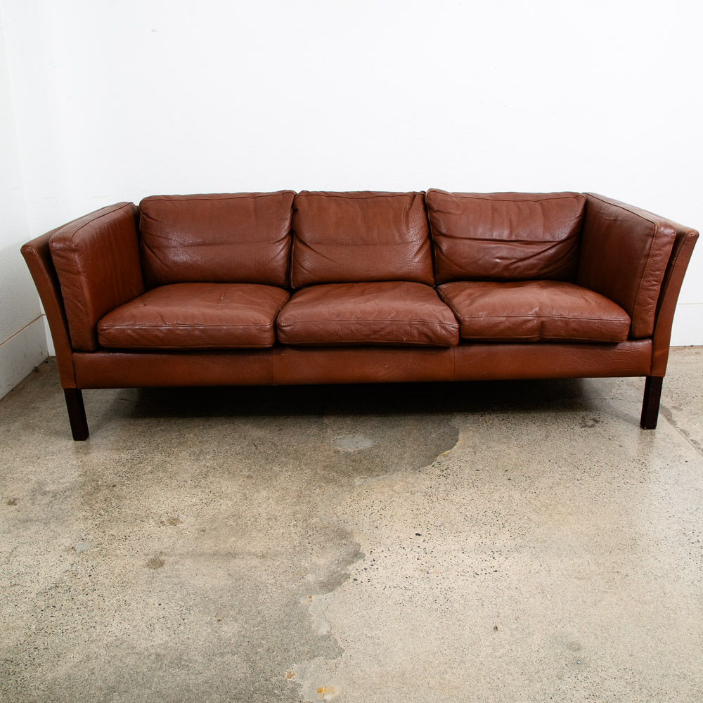 Mid Century Danish Modern Sofa Couch 3 Seater Brown Leather Stouby Seat Denmark - Image 2