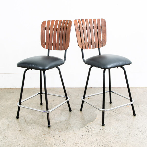 Mid Century Modern Bar Stools Set 2 Black Swivel Wood American Vintage Umanoff - Image 5