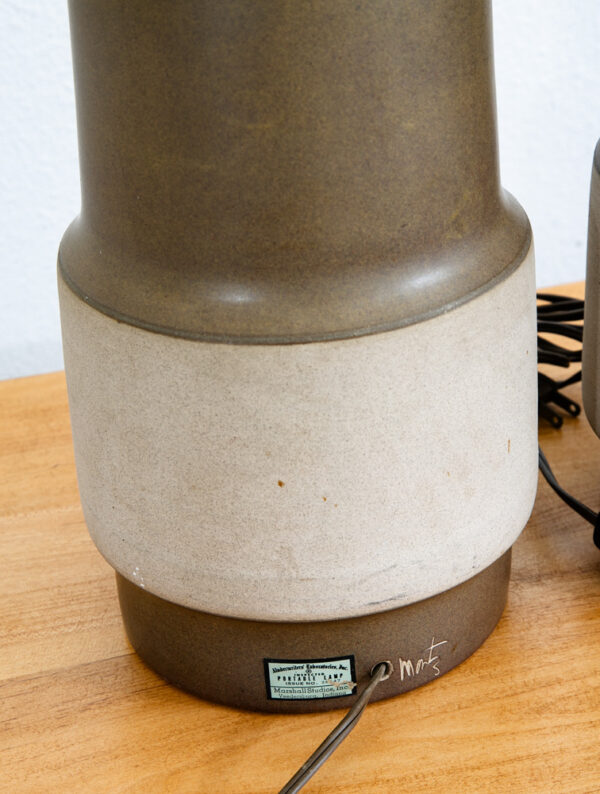 Mid Century Modern Table Lamp Set Pair Martz Marshall Studios Brown Tan Ceramic - Image 9