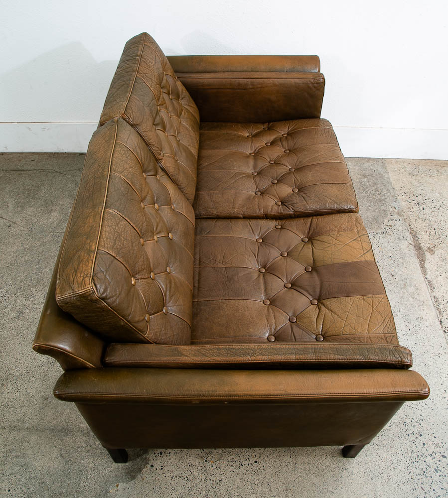 Mid Century Danish Modern Sofa Settee Brown Leather Green 1970s 2 Seat Tufted - Image 7