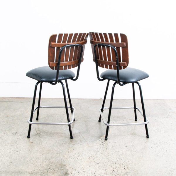 Mid Century Modern Bar Stools Set 2 Black Swivel Wood American Vintage Umanoff - Image 4