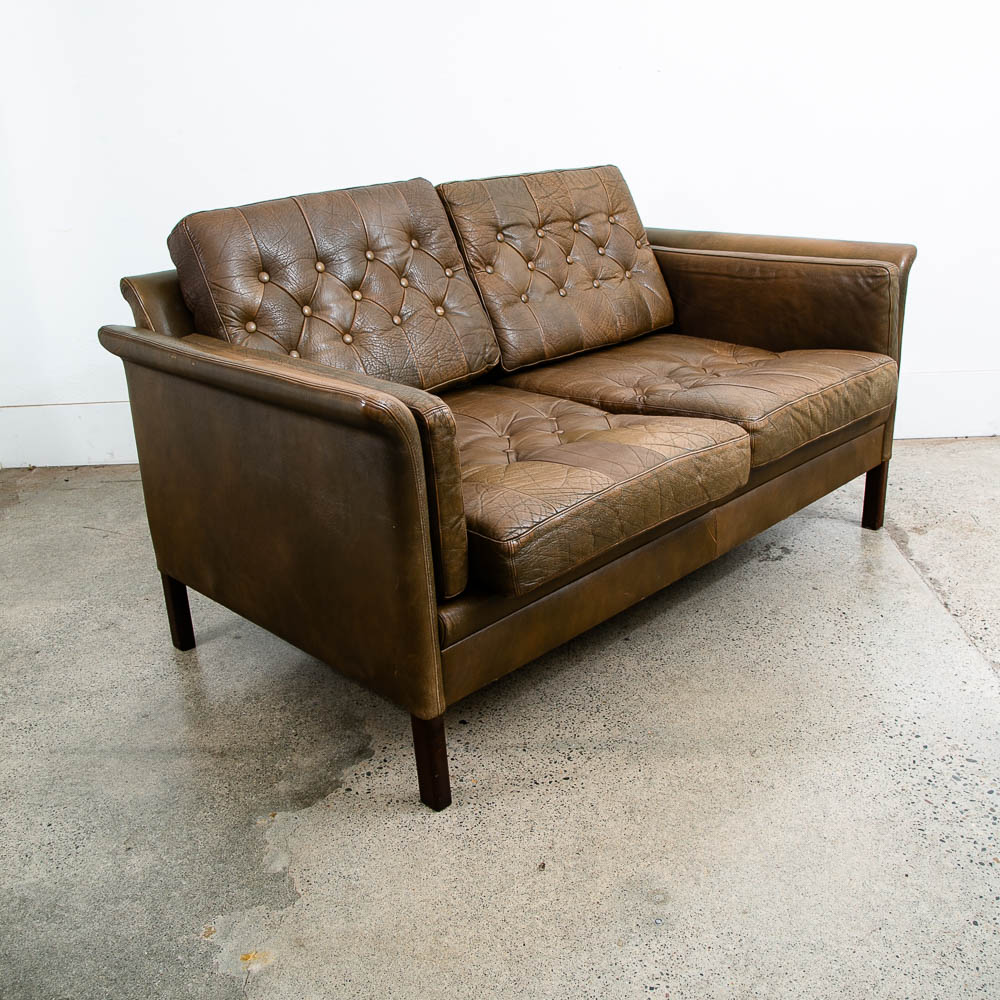 Mid Century Danish Modern Sofa Settee Brown Leather Green 1970s 2 Seat Tufted - Image 4