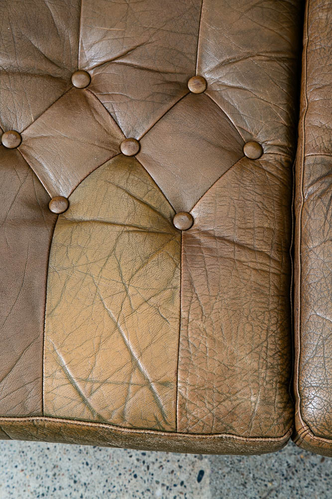 Mid Century Danish Modern Sofa Settee Brown Leather Green 1970s 2 Seat Tufted - Image 12