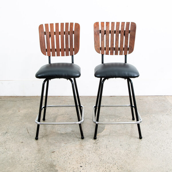 Mid Century Modern Bar Stools Set 2 Black Swivel Wood American Vintage Umanoff - Image 2