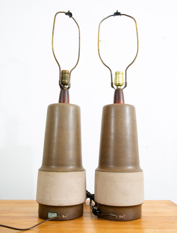 Mid Century Modern Table Lamp Set Pair Martz Marshall Studios Brown Tan Ceramic - Image 3