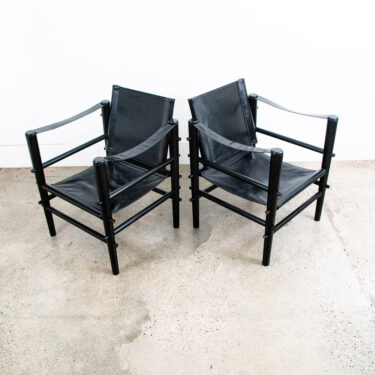 Mid Century Danish Modern lounge Chairs Safari Black Leather Arm Pair Set Two