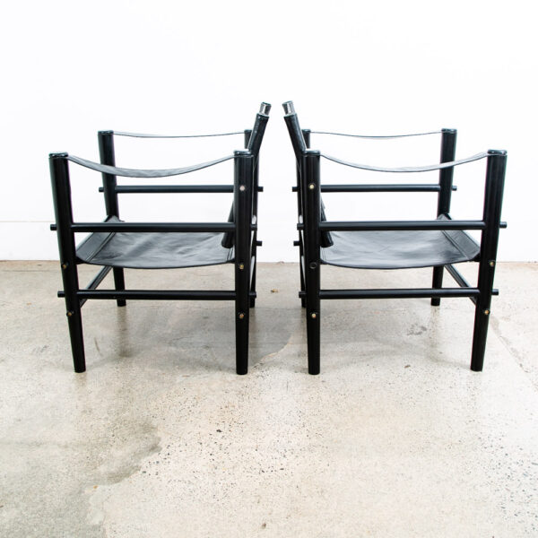 Mid Century Danish Modern lounge Chairs Safari Black Leather Arm Pair Set Two - Image 2