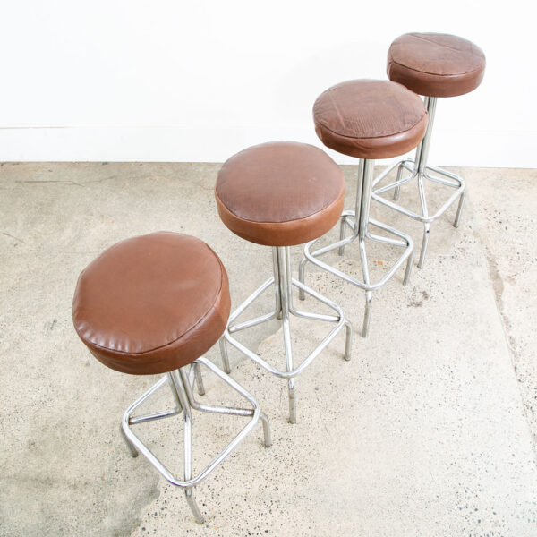 Mid Century Modern Bar Stools Set 4 brown Leather Chrome Vintage Round Four Mcm - Image 3