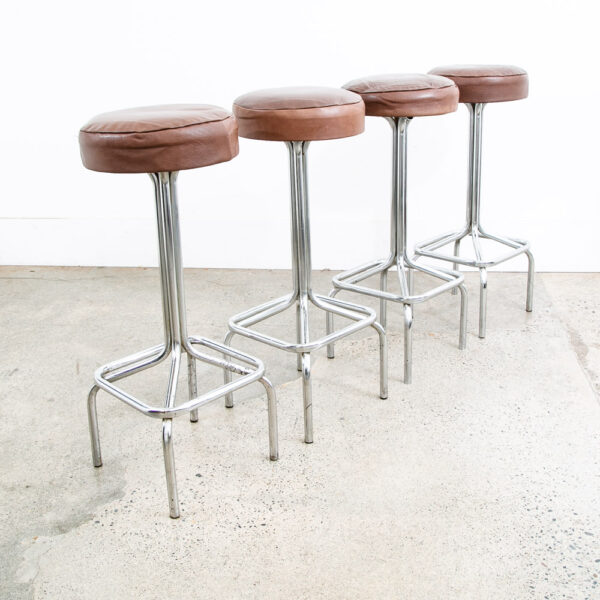 Mid Century Modern Bar Stools Set 4 brown Leather Chrome Vintage Round Four Mcm - Image 6