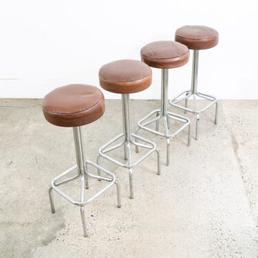 Mid Century Modern Bar Stools Set 4 brown Leather Chrome Vintage Round Four Mcm