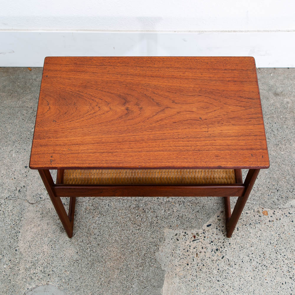 Mid Century Danish Modern Nightstand Table Side Teak Wood End Cane Shelf Denmark - Image 3
