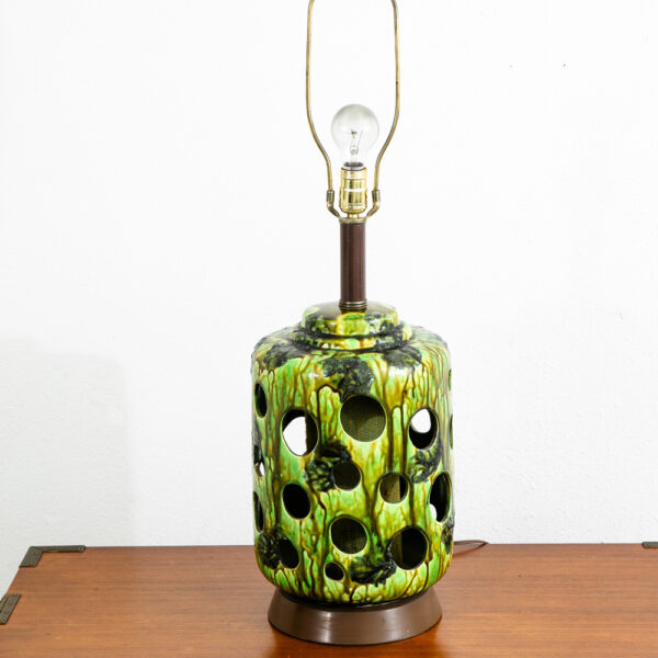 Mid Century Modern Table Lamp Ceramic Lava Drip Glaze Studio Round Green Mcm - Image 5